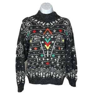 Vintage Womens David Brett Tribal Eagle Sweater Sz Medium Gray White Multicolor